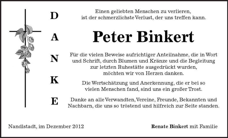 Traueranzeige Peter Binkert