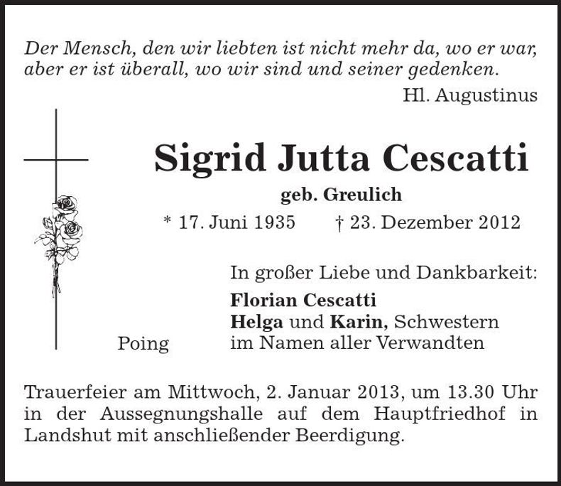 Traueranzeige Sigrid Jutta Cescatti