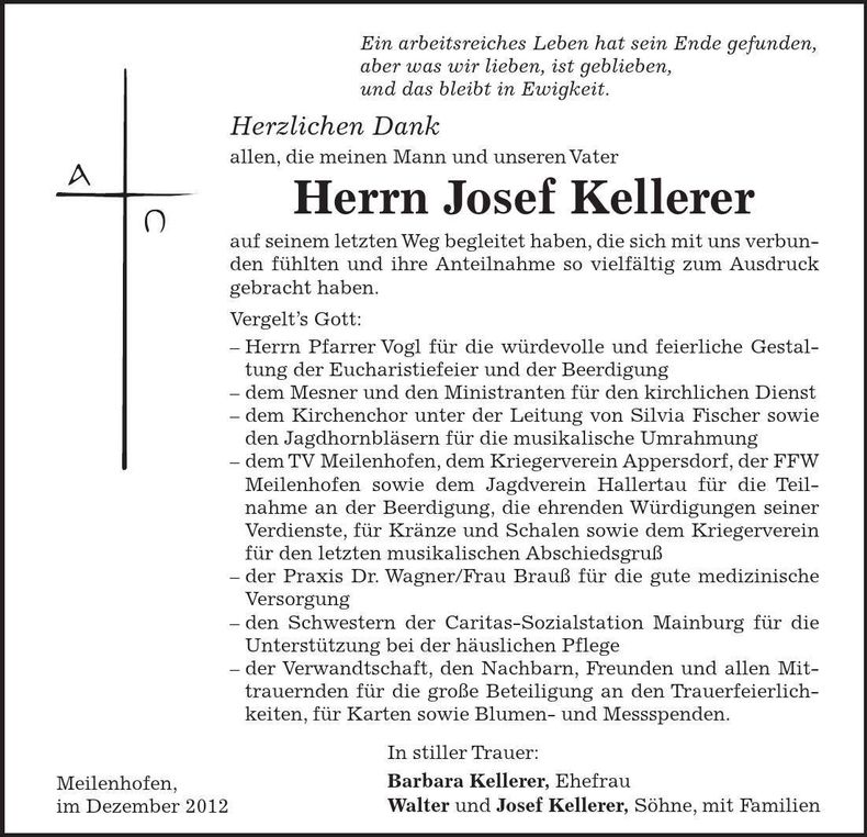 Traueranzeige Josef Kellerer
