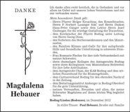 Traueranzeige Magdalena Hebauer