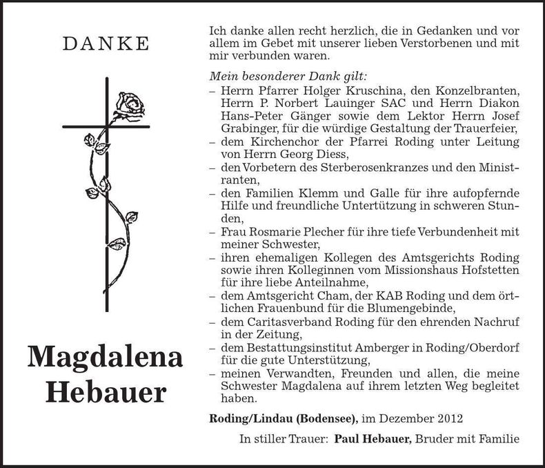 Traueranzeige Magdalena Hebauer