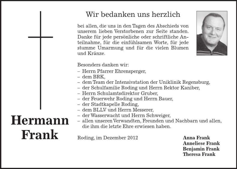 Traueranzeige Hermann Frank