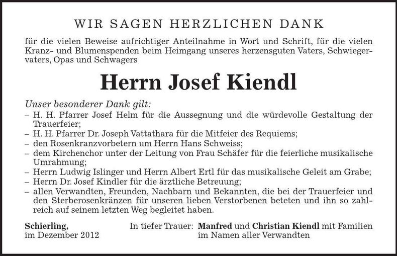 Traueranzeige Josef Kiendl