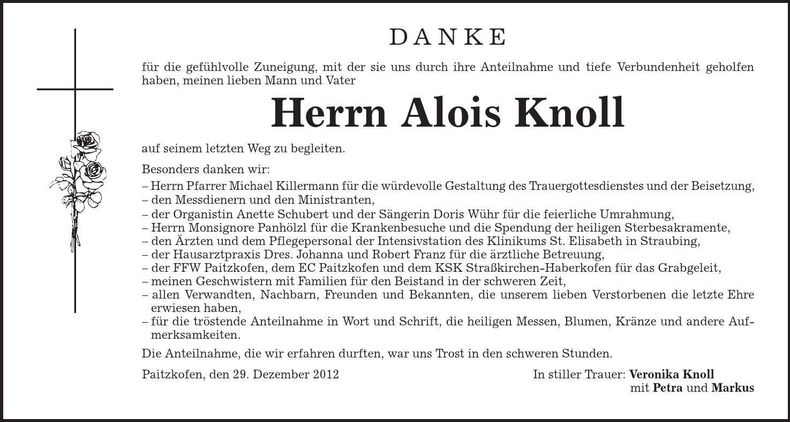 Traueranzeige Alois Knoll