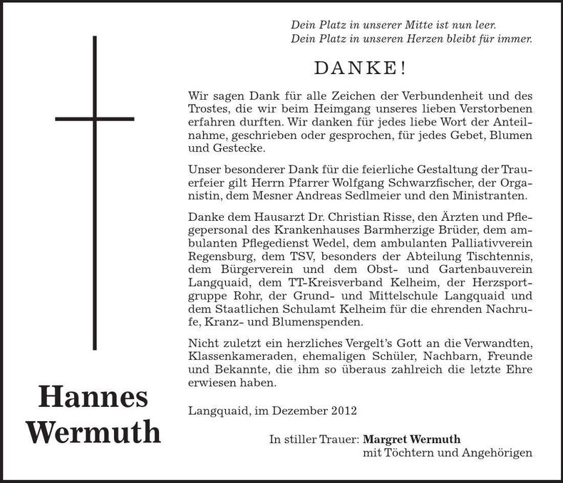Traueranzeige Hannes Wermuth