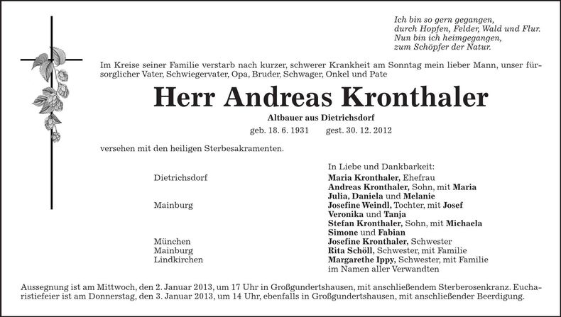 Traueranzeige Andreas Kronthaler