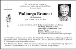 Traueranzeige Wally Brunner