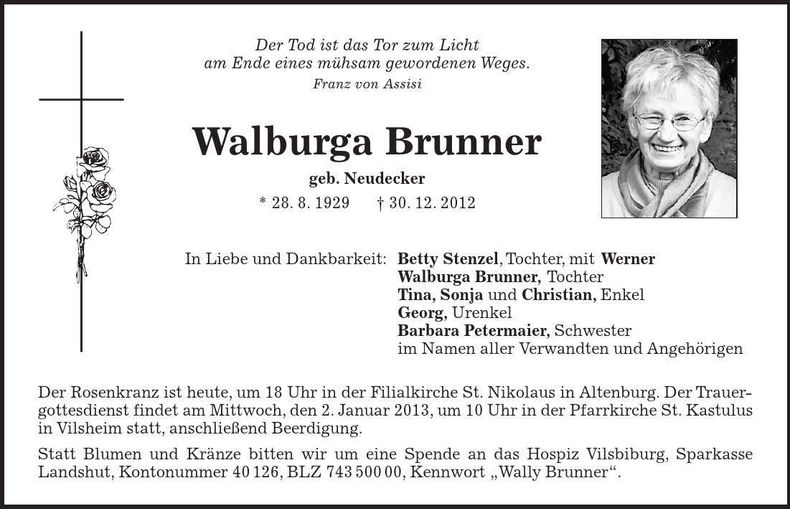 Traueranzeige Wally Brunner