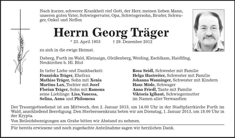 Traueranzeige Georg Träger