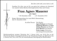 Traueranzeige Agnes Mauerer