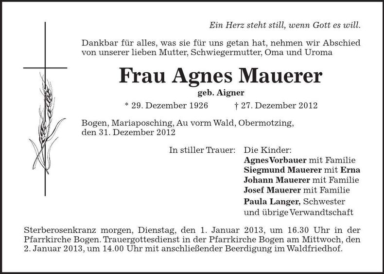 Traueranzeige Agnes Mauerer