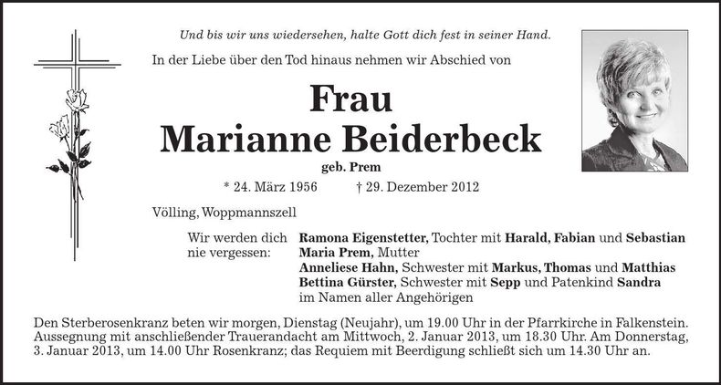 Traueranzeige Marianne Beiderbeck
