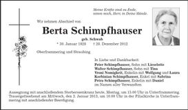 Traueranzeige Berta Schimpfhauser