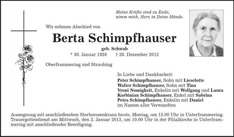 Traueranzeige Berta Schimpfhauser