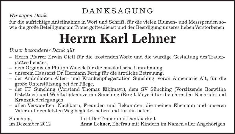 Traueranzeige Karl Lehner