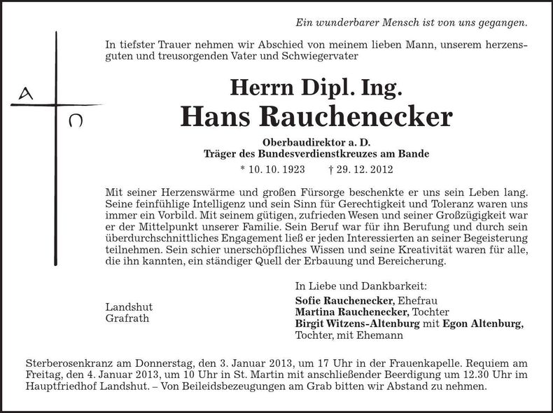Traueranzeige Hans Rauchenecker