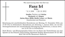 Traueranzeige Franz Irl