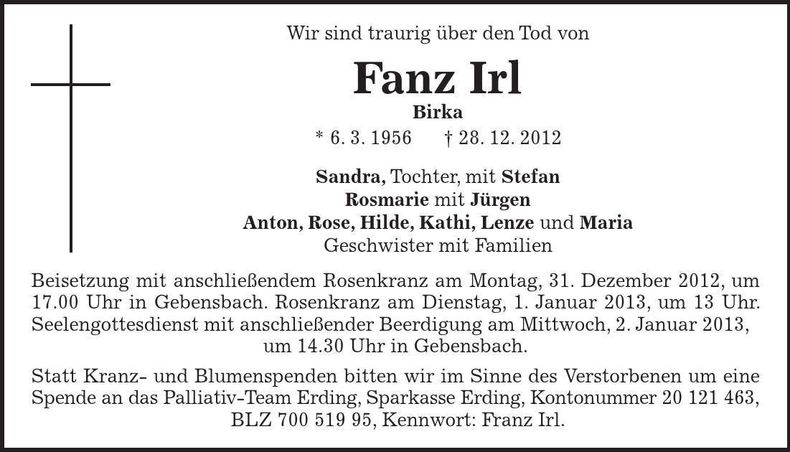Traueranzeige Franz Irl