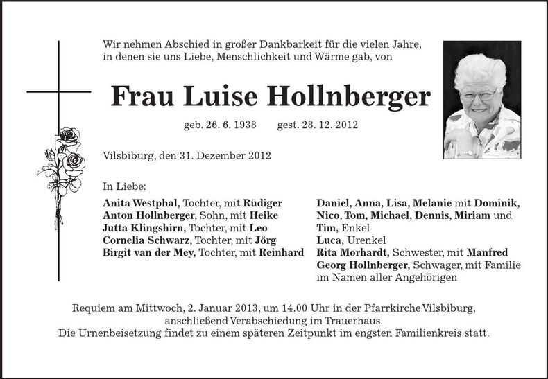 Traueranzeige Luise Hollnberger