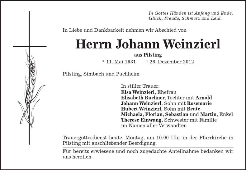 Traueranzeige Johann Weinzierl