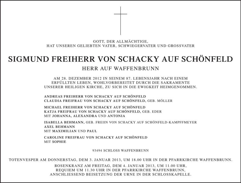 Traueranzeige Sigmund Freiherr von Schacky auf Schönfeld