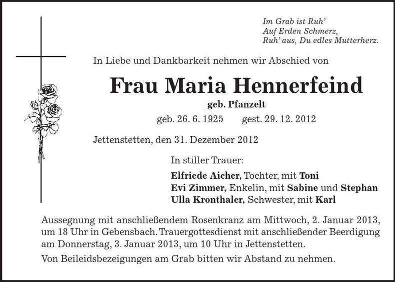 Traueranzeige Maria Hennerfeind