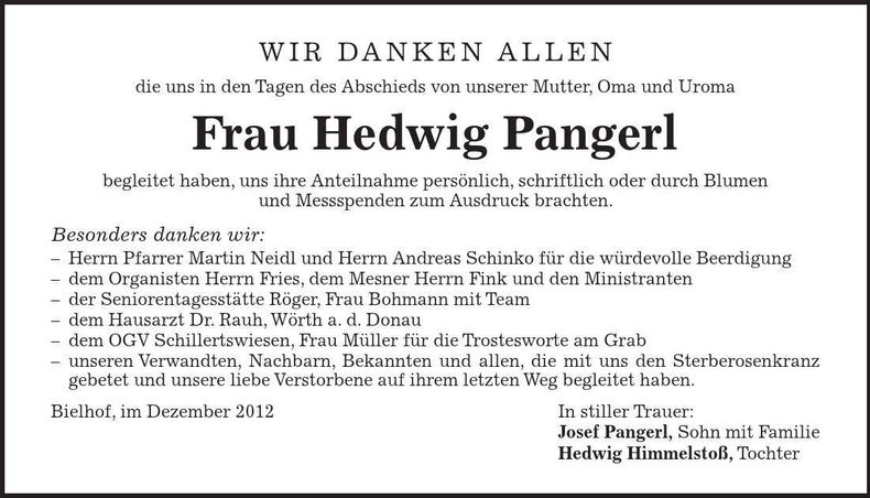 Traueranzeige Hedwig Pangerl