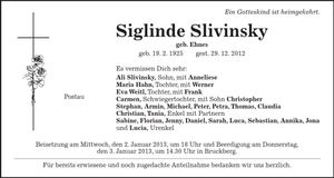 Traueranzeige Siglinde Slivinsky