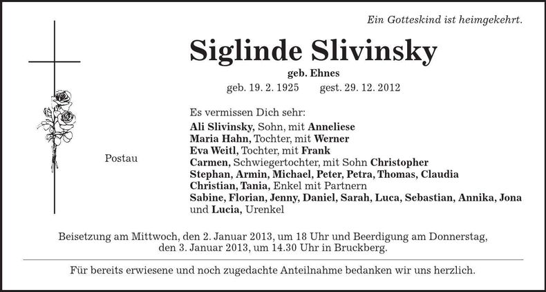 Traueranzeige Siglinde Slivinsky