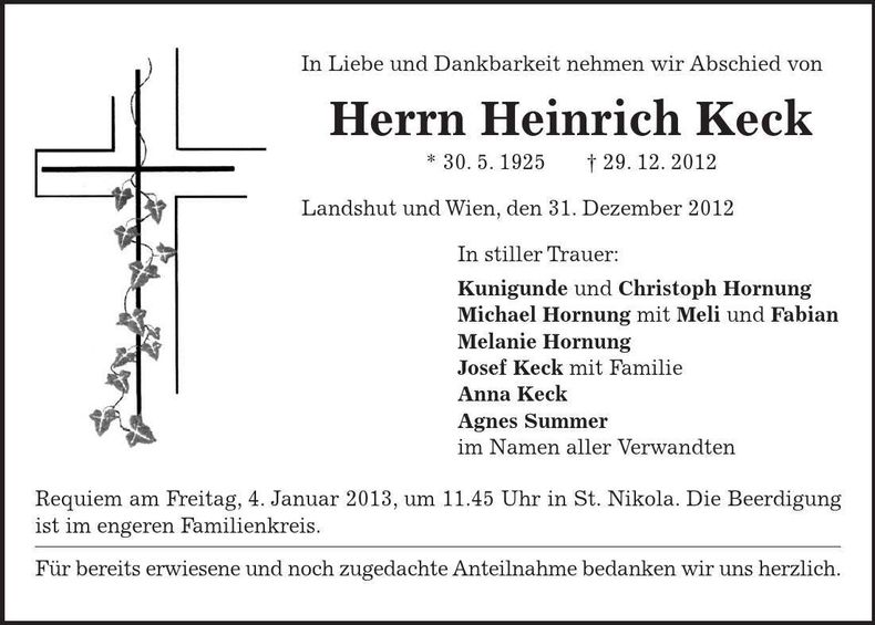 Traueranzeige Heinrich Keck