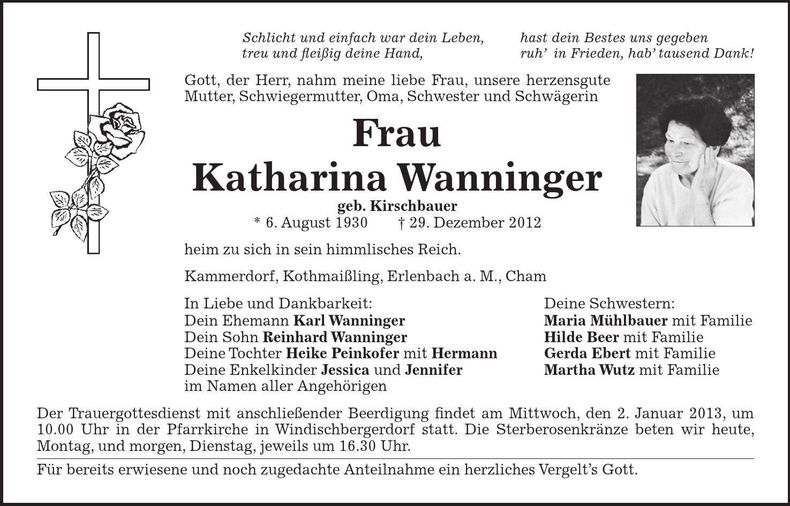 Traueranzeige Katharina Wanninger