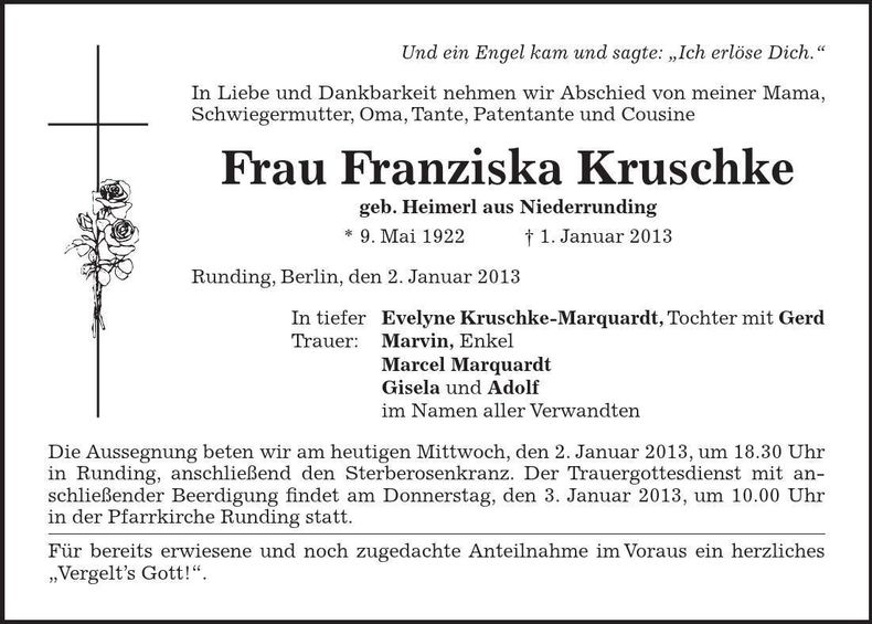 Traueranzeige Franziska Kruschke
