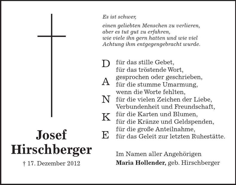 Traueranzeige Josef Hirschberger