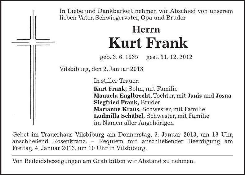 Traueranzeige Kurt Frank