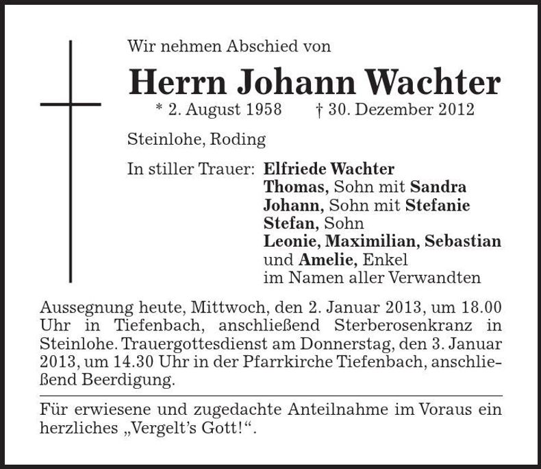 Traueranzeige Johann Wachter