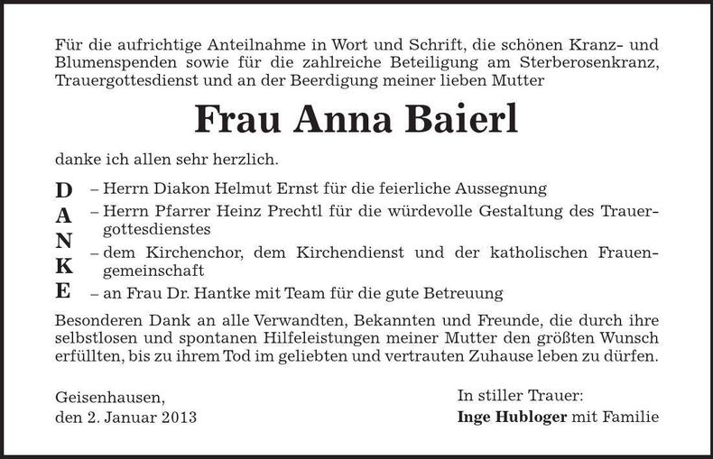 Traueranzeige Anna Baierl