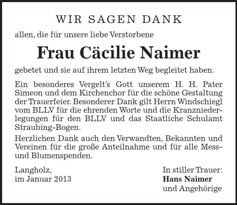 Traueranzeige Cäcilie Naimer