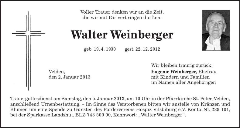 Traueranzeige Walter Weinberger