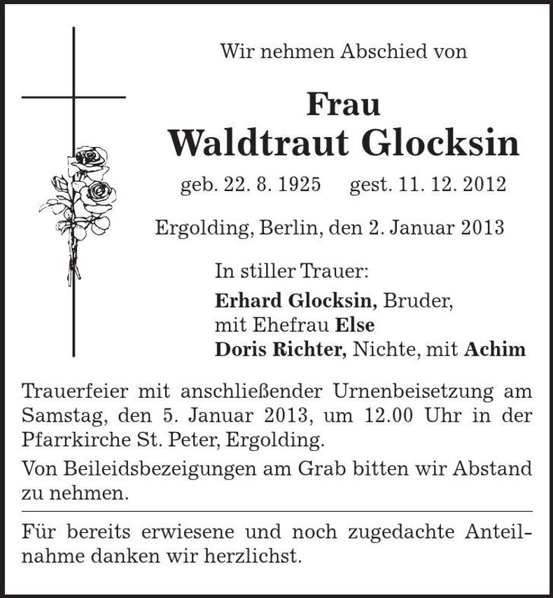 Traueranzeige Waldtraut Glocksin