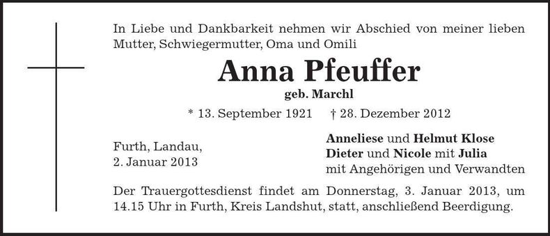 Traueranzeige Anna Pfeuffer