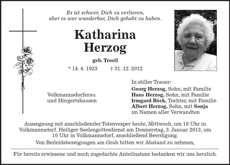 Traueranzeige Katharina Herzog