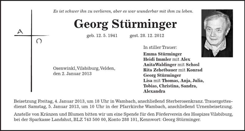 Traueranzeige Georg Stürminger