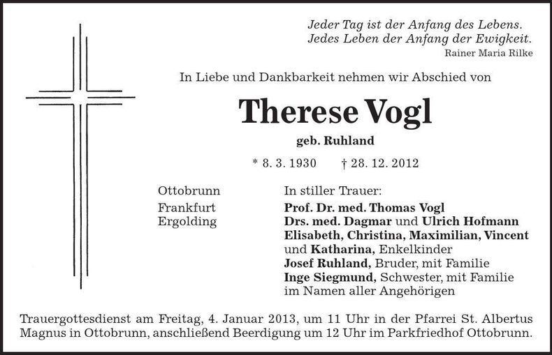 Traueranzeige Therese Vogl