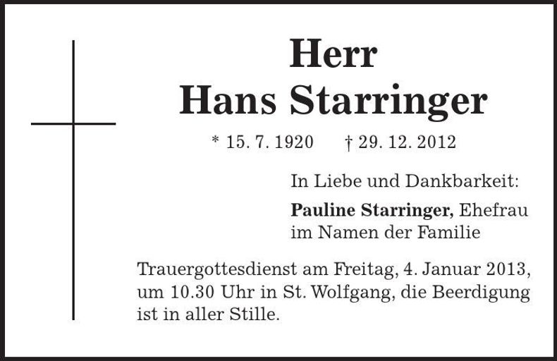 Traueranzeige Hans Starringer