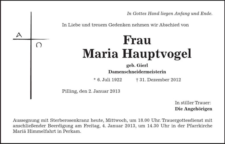 Traueranzeige Maria Hauptvogel