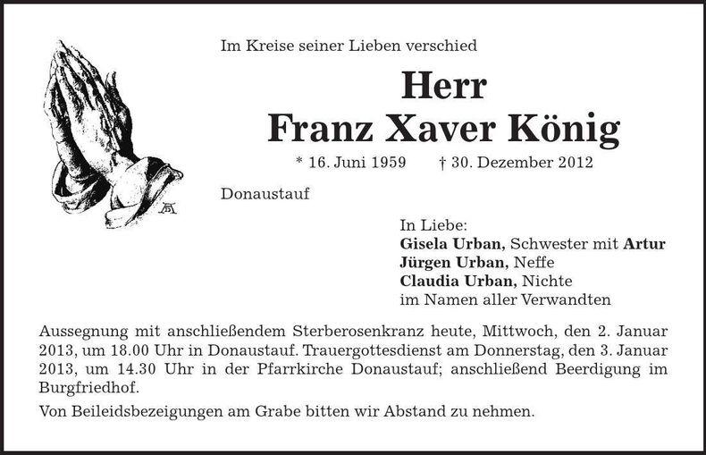 Traueranzeige Franz Xaver König