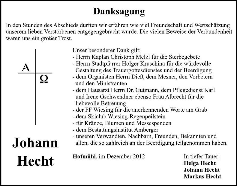 Traueranzeige Johann Hecht