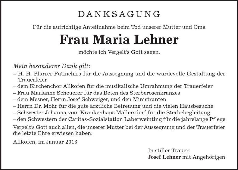 Traueranzeige Maria Lehner