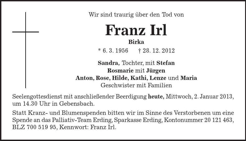 Traueranzeige Franz Irl