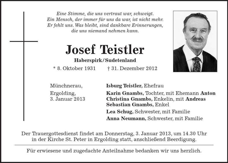 Traueranzeige Josef Teistler